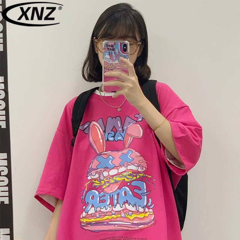 

Summer Style Fried Street Strange Sweet Cool Cartoon Rabbit Print Loose-fitting Pure Cotton Short Sleeves T Women's T-shirt Ins