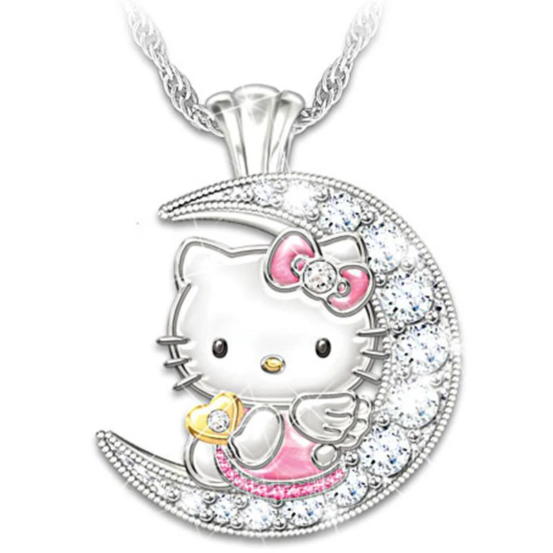 

Hello Kitty Necklace Sanrios Kawaii Anime Cartoon 925 Silver Jewelry Pendant Adjustable Accessory Rhinestone Cute Girl Gift Toys