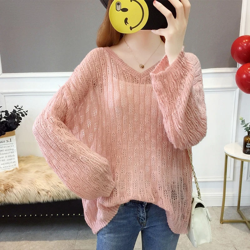 

Spring Summer Women's New Thin Cut Out Long Sleeve Knitted Pullover Short V-neck Solid Color Sweater Lady Casual Loose Top X242