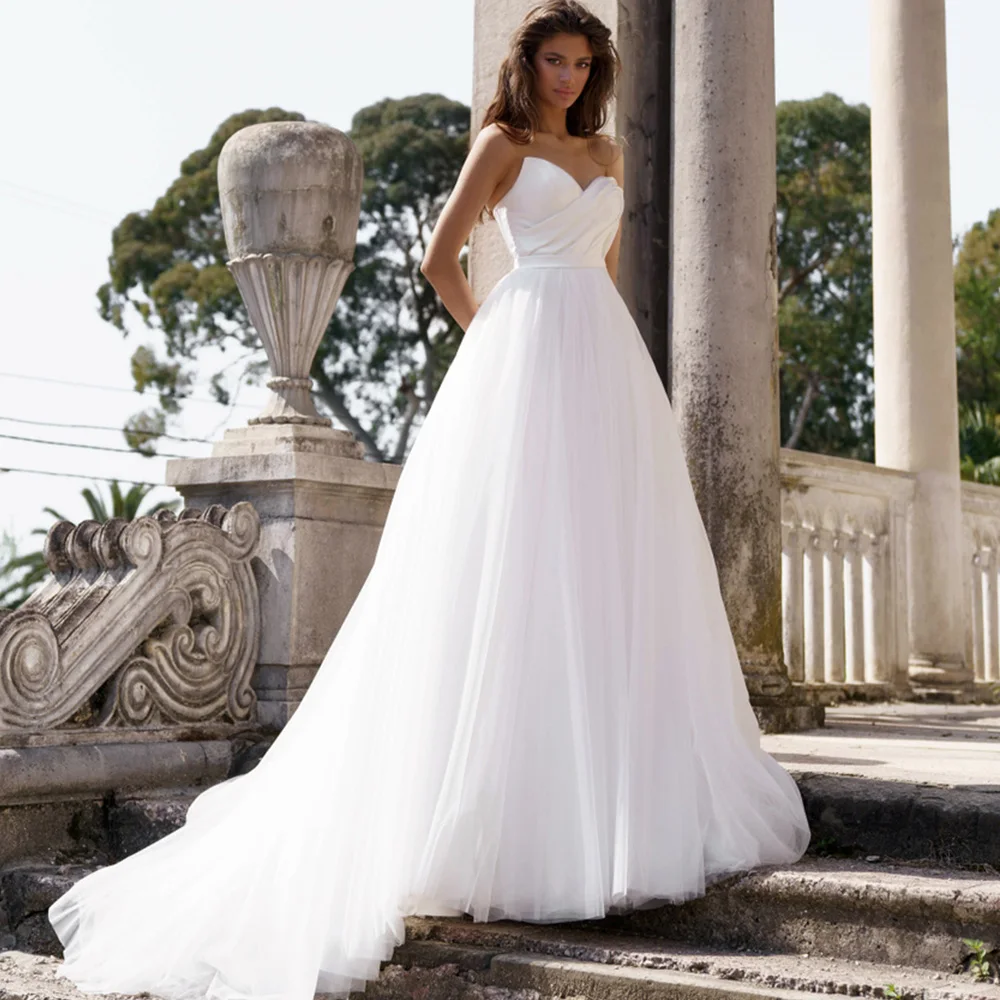 

Simple Modern Wedding Dresses Sweetheart Sleeveless Tulle Dress Ivory A-Line Floor Length Zipper Back Pleats Summer Bridal Gowns