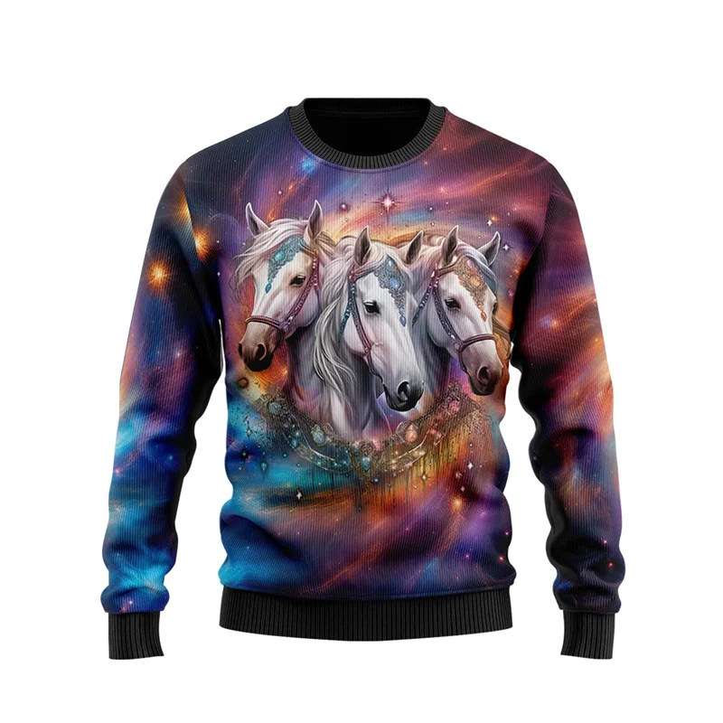 Осень 2024 свитшоты с рисунком лошади модные пуловеры унисекс в стиле Харадзюку