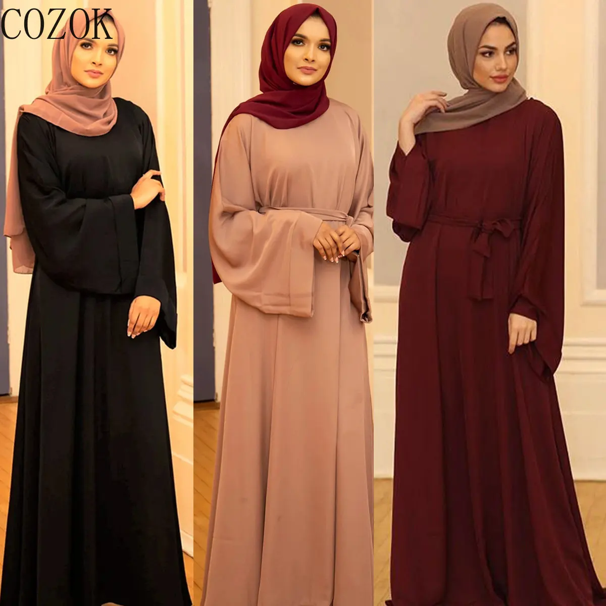 2022 New Middle East Dubai Hot Sale Solid Color plus Size Lace up Muslim Dress