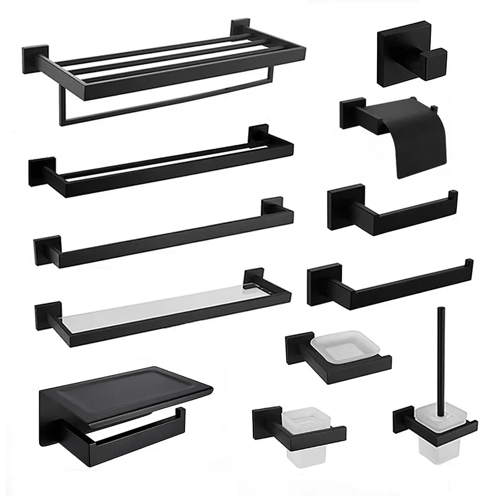 

NEW Black 304 Stainless Steel Towel Rack Toilet Brush Paper Holder Soap Dispenser Towel Bar Hook Bathroom Hardware