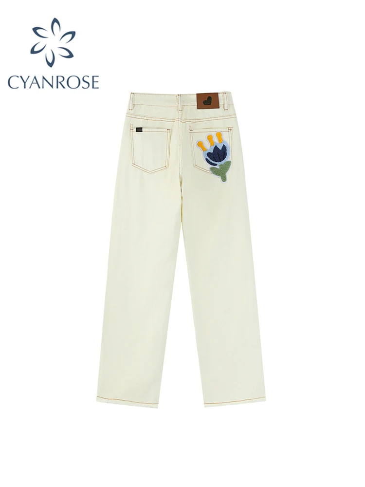 

2022 Autumn Wide Leg Jeans Embroidery Women High Waist Casual Loose Feminine Trousers White Vintage All-match Fashion Harajuku