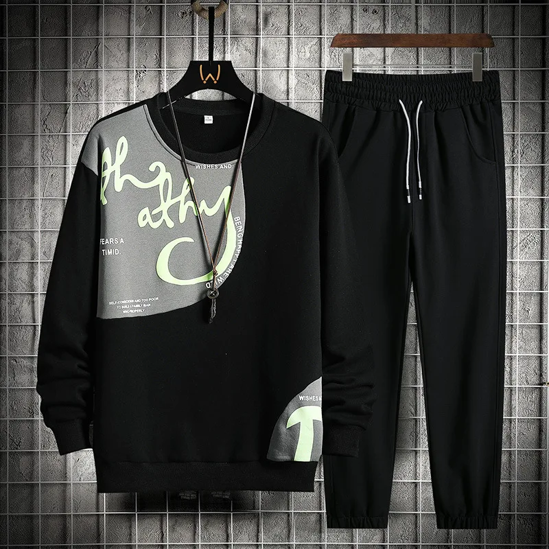 Casual Tracksuit Men Hip Hop 2 Piece Sets 2023 Spring Patchwork Print Sweatshirts Sets Mens Fashion Streetwear Trend Sportswear