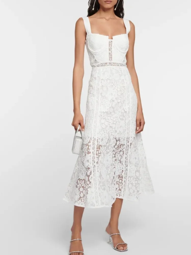 

Сексуальное Белое Кружевное длинное платье, женская летняя Новинка 2023, Высококачественная Туника без бретелек