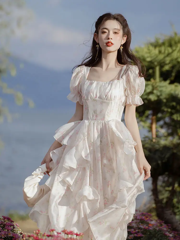 

French Elegant Gentle Lolita Floral Dress Women Sweet A-Line Temperament Fairy Skirt Summer Forest System Korea Y2K Casual Dress