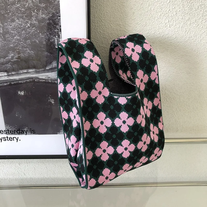 

Women's Knitting Fabric Knot Wrist Handbag Stripe Chequer Chess Design Shoulder Shopper Bag Decoration Purses Woolen Travel Tote