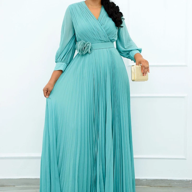 

African Dress For Women Chiffon Maxi Dress African Clothes Robe Vintage Yellow Deep V Neck High Waist Pleated Party Dress Female