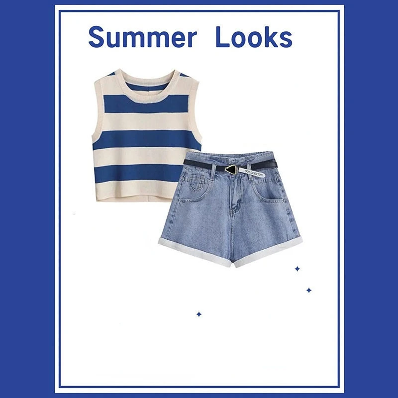 

2023 Summer Round Neck Stripe Short Section Sleeveless Top Suit New Belt Waist Straight Shorts Two-piece Female Y2K
