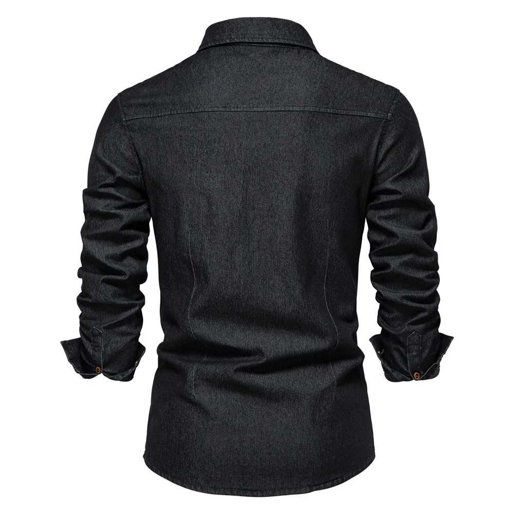 Men's Denim Shirt High Qualituy Elastic Cotton Long Sleeve Shirt Black Casual Slim Clothing Navy Blue Mens Fashion Shirt 2023 5