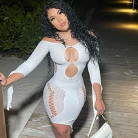 sexy long sleeve bandage party summer dress women 2022 hollow out club lingerie mesh dress see through black lace street outfit