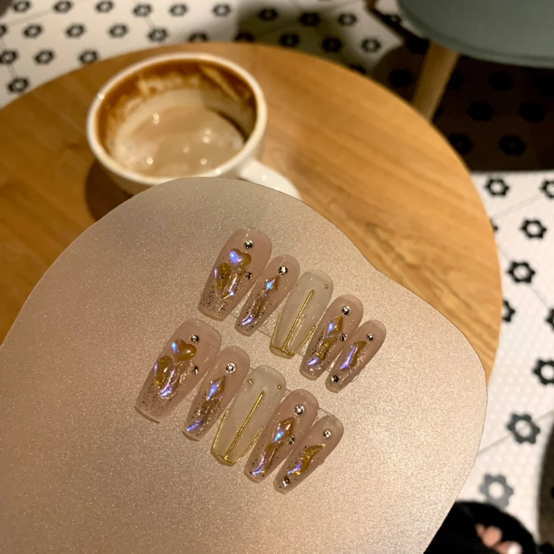 

Handmade Manual False Nails Wearable Reusable T Nail Tips Glitter Diamond Rhinestones Long Press on Nails for Pregnant Students