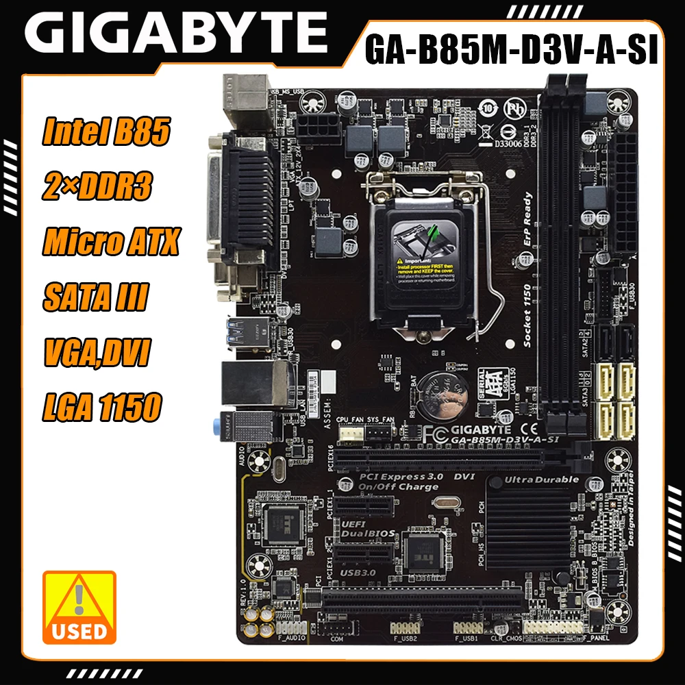 

Gigabyte GA-B85M-D3V-A-SI Motherboard Intel B85 CPU Socket LGA 1150 Supports Core i7/Core i5/Core i3 2×DDR3 16GB USB3.0 SATA III