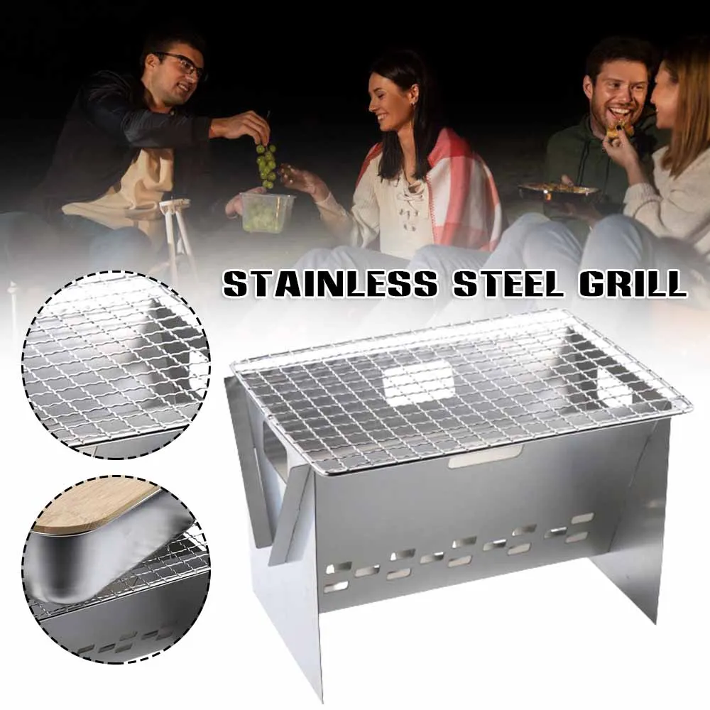 

Outdoor Stainless Steel Charcoal Grill Barbecue Tool Portable Folding Stove Handle Folding BBQ Cooking Grid Park Camping