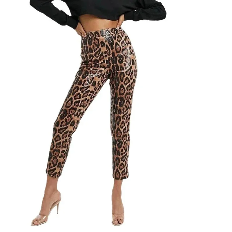 Женские леопардовые леггинсы из ПУ кожи с завышенной талией