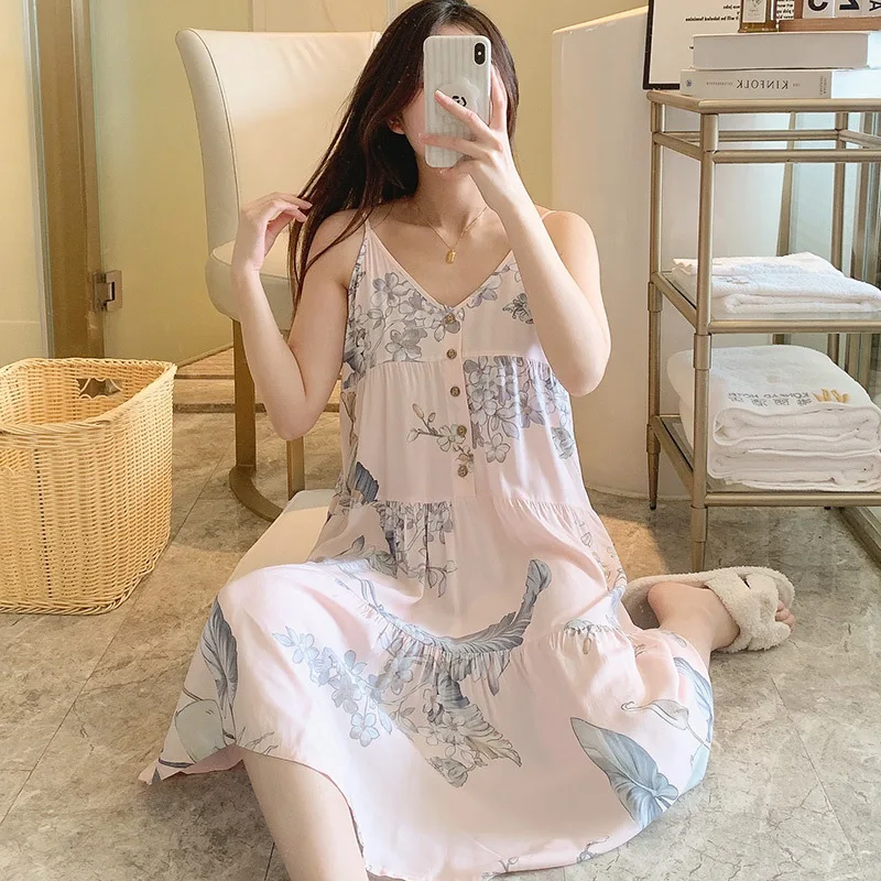 2023Nightdress Women V-Neck Short Sleeve Sleepshirt Long Length  One-Piece Skirt Nightdress  Cotton Nightgown Sexy Longuette