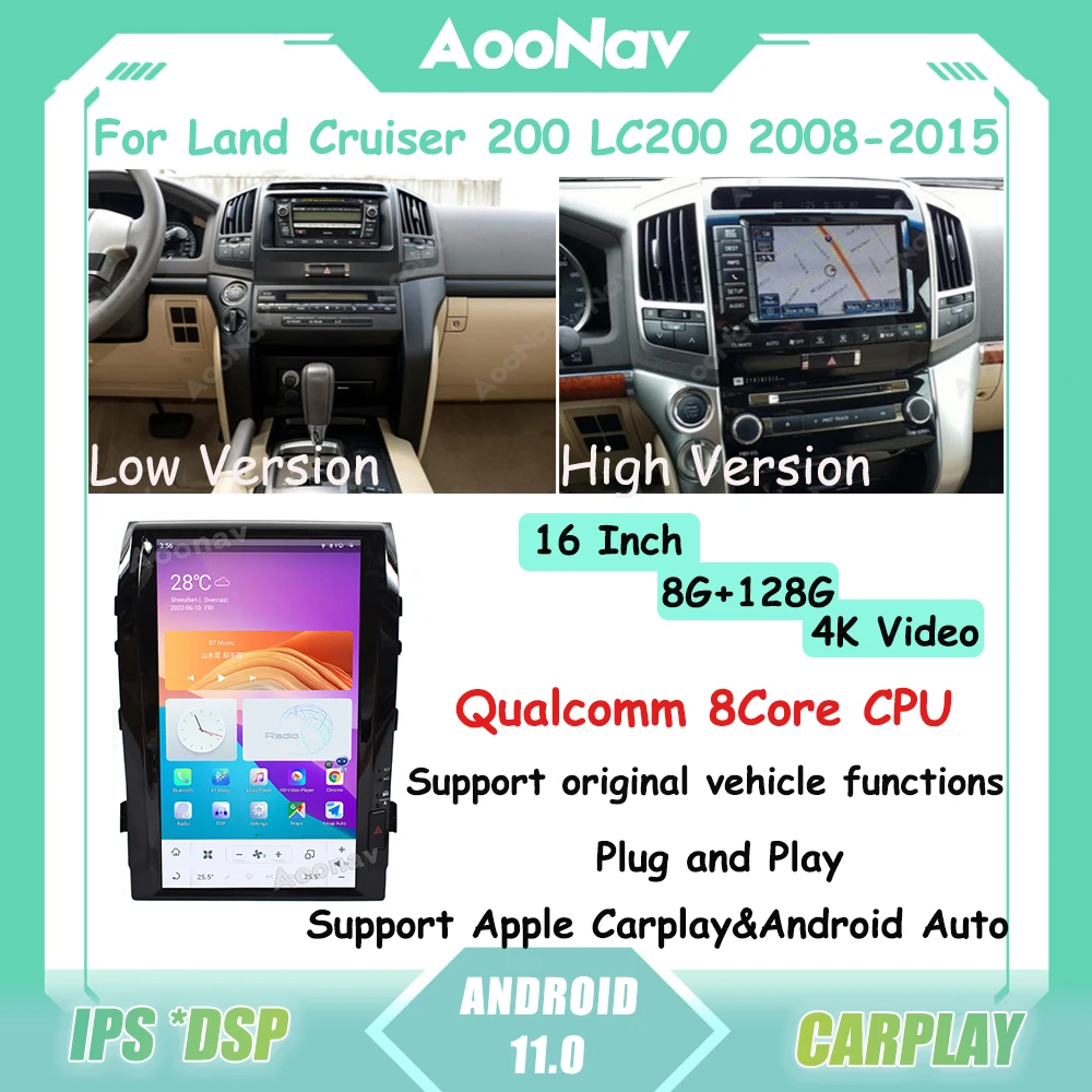 

Автомобильный радиоприемник 16 дюймов Android 11 для Toyota Land Cruiser 200 LC200 2008 2009 2010-2015 Тесла стиль GPS навигация плеер мультимедиа