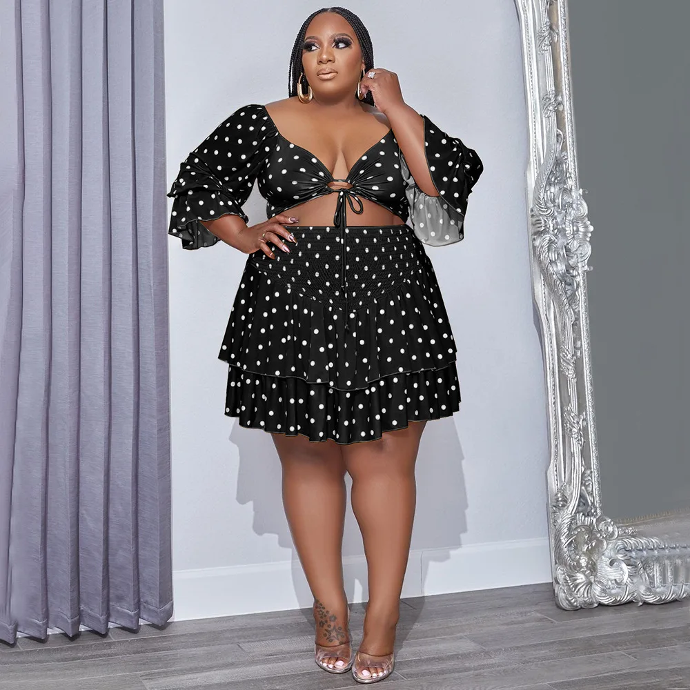 Plus Size Women Sets Polka Dot Print Shirts And Dresses 2022 Summer Fashion Two Piece Sets Sexy V Neck Clothes Female Outfit