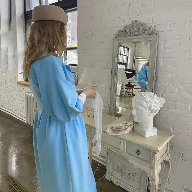 Autumn Women Woolen Coat Thick Lapel Lantern Sleeve Office Lady Long Jackets Double-Breasted New In Outerwears Female Coats