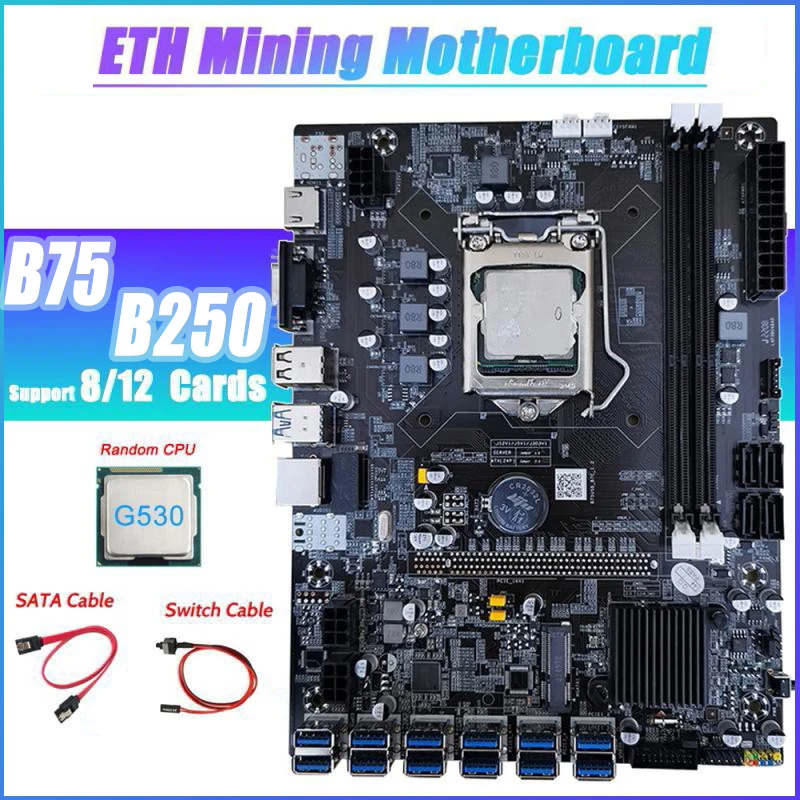 

B75 B250 BTC Mining Motherboard+Switch Cable 12XPCIE To USB3.0 GPU Slot LGA1151 Support DDR4 DIMM RAM H61 Computer Motherboard