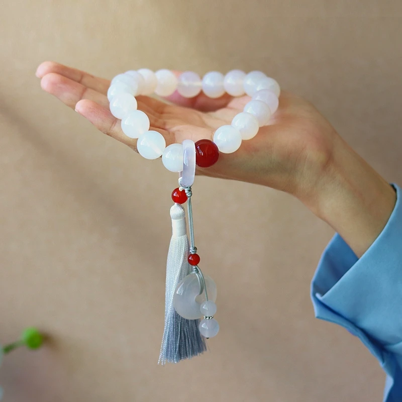 20mm Nature White Agate Mala Bead Hand Held Hanging Rosary Bangle Bracelets Amulet Chalcedony