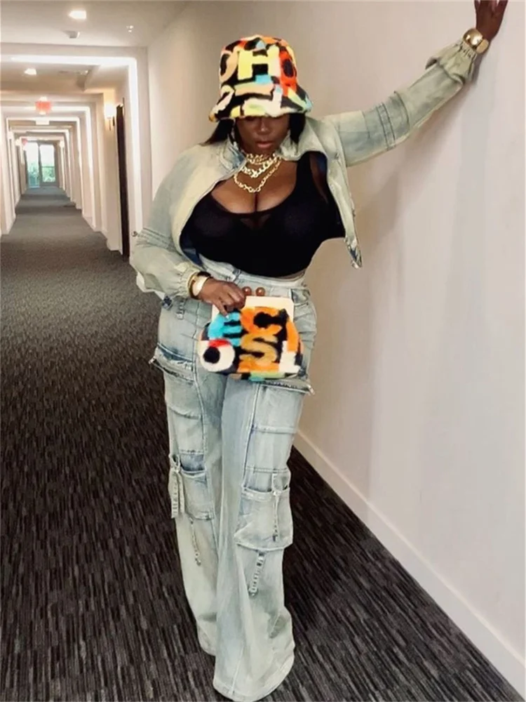 Pant Sets Long Sleeve Women Tracksuits Zipper Denim Coat Cargo Ankle Length Pants Pockets High Street Spliced Baggy 2024