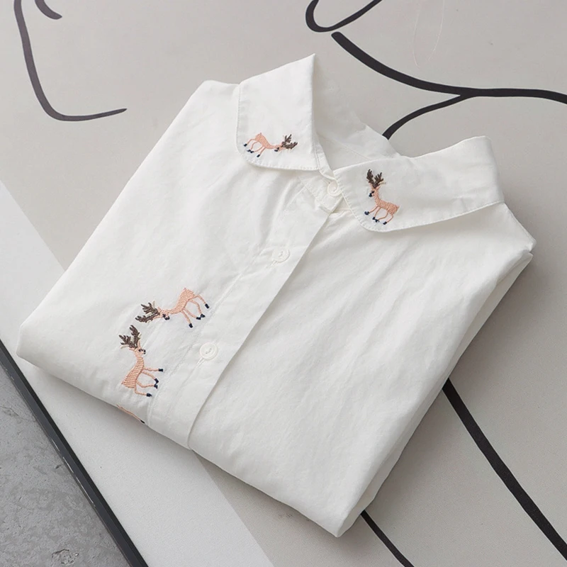 

Spring Autumn Casual Sweet Women's Cartoon Deer Embroidery Shirt White Coloro Long Sleeved Female Blouse Tops U363