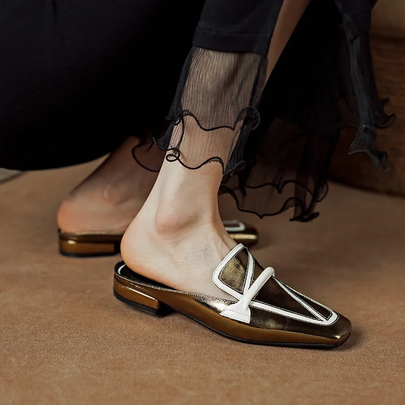 ZVQ Good Quality Slippers Woman Square Toe Thick Low Heel Summer New Style Full Genuine Leather Strap Decoration Casual Shoes