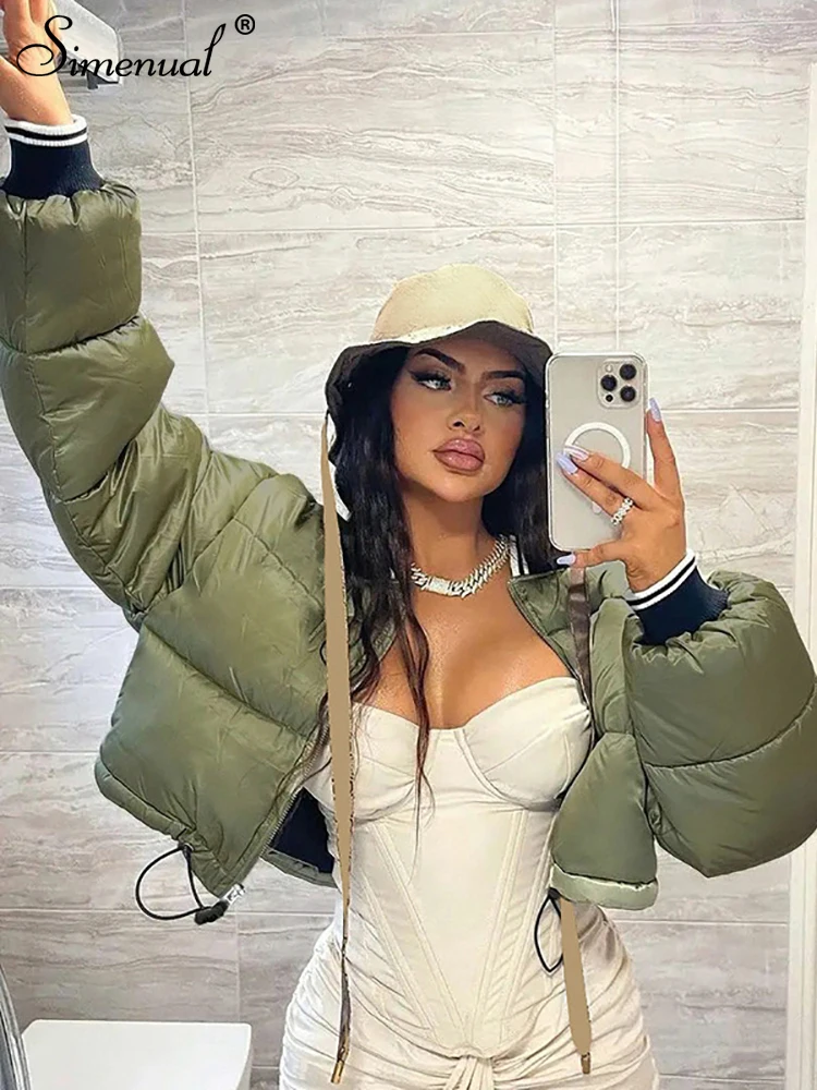 

Simenual Hatless Cotton Padded Coat Women Long Sleeve Stand Neck Contrast Color Loose Zip Down Jacket Fall Winter Warm Outerwear