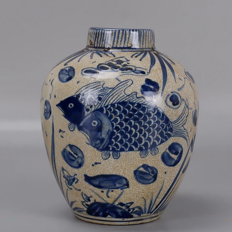 Юань сине-белая банка для семян лотоса ручной росписи с рисунком рыбы в ванной