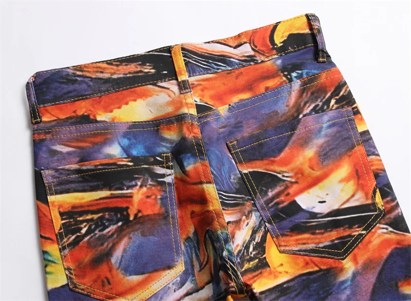 Men's Colorful Graffiti Printed Jeans Y2K Colorful Slim Fit Tapered Elastic Casual Pants Fashion Street Clothing Small Foot Pant