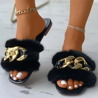 chain decor fluffy square toe women slippers new indoor outdoor casual room flat sandals fashion plush woman shoes top quality