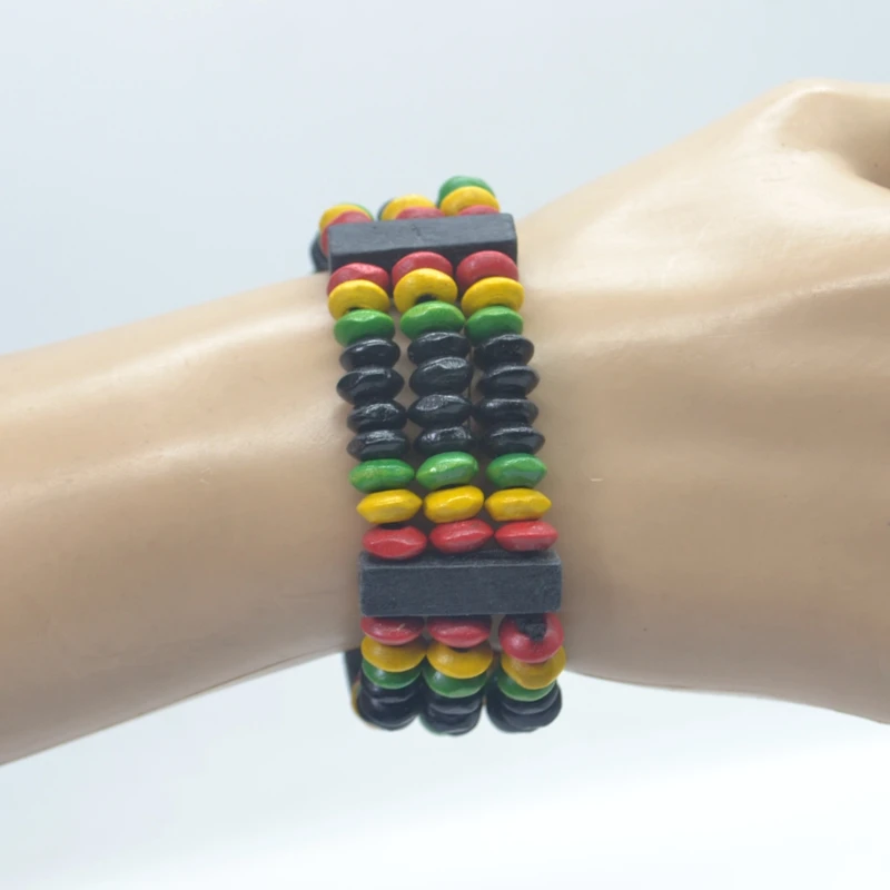 Африканские красные желтые зеленые черные браслет из деревянных бусин Rasta Reggae Punk