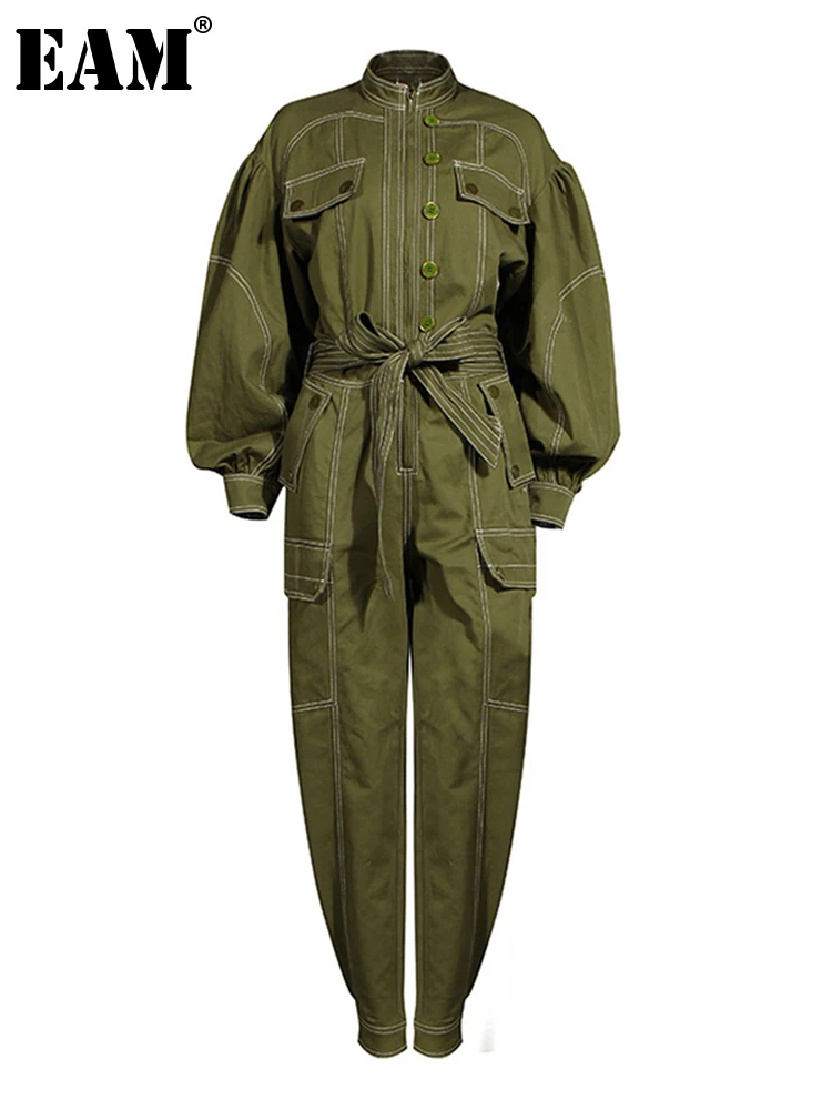 

[EAM] Loose Fit Women Green Pocket Split Long Jumpsuit New High Waist Pocket Stitch Pants Fashion Spring Autumn 2022 1DA244