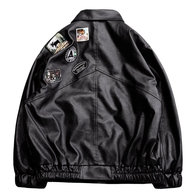 

New Leather Jacket Men Fleece Motorcycle PU Leahter Jackets Embroidery Pattern Turndown Collar Black Windbreaker Size S-3XL Fall