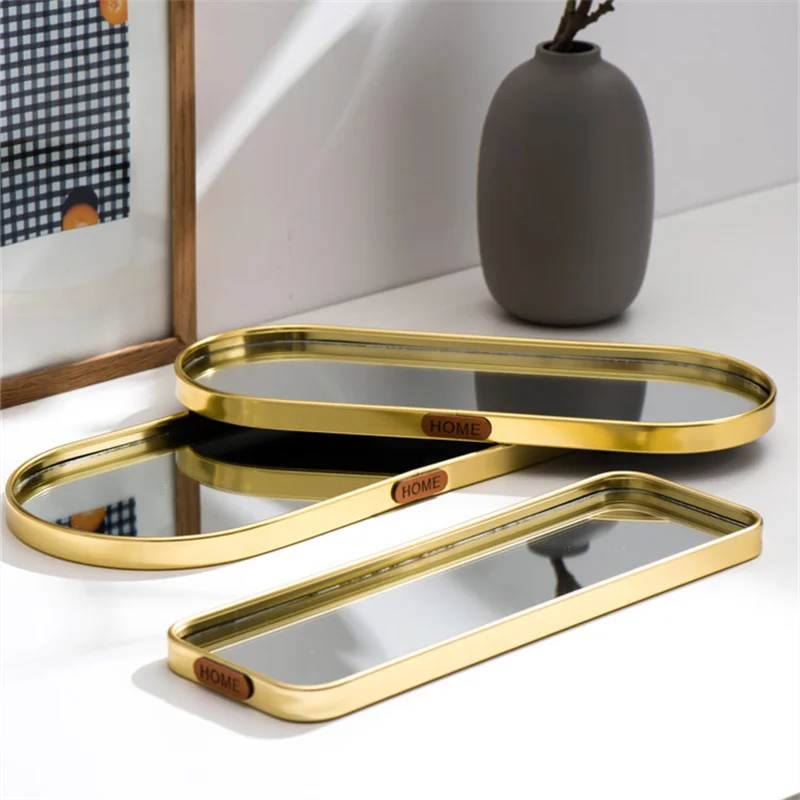 Nordic Light Luxury Golden Metal Glass Jewelry Display Plate Geometric Mirror Tray Makeup Storage Bathroom Organizer | Дом и сад
