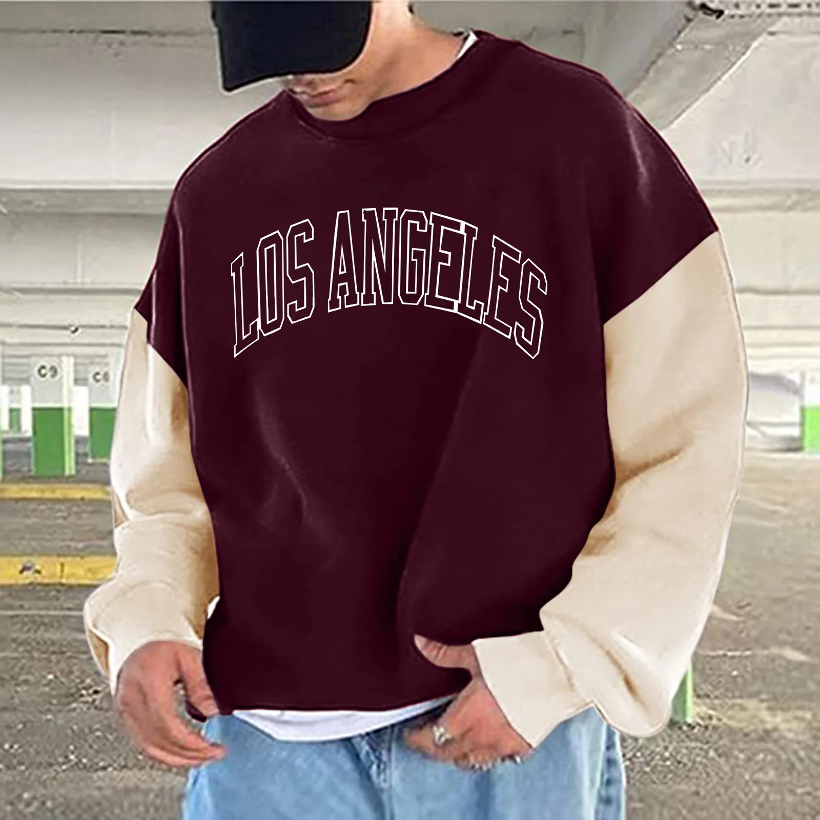 

Harajuku Oversized Sweatshirts Round Neck Pullover Sweatshirt Letter Print Sweater Color Block Men's Sweatshirt Sudaderas