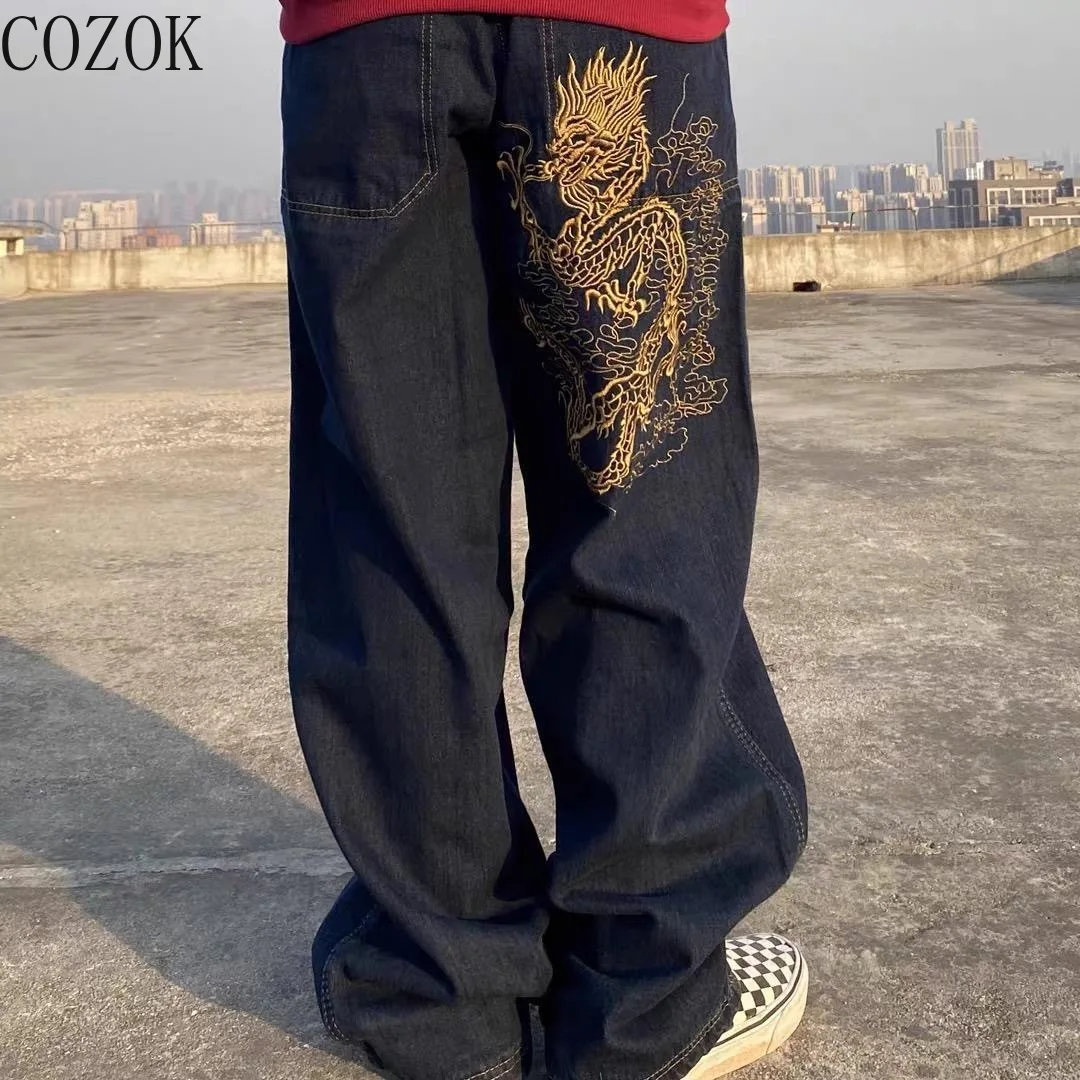 Retro Street Dragon Embroidery Jeans Straight Loose Leisure All-Matching Men's and Women's Jean Shoes for Women Slouchy Jeans