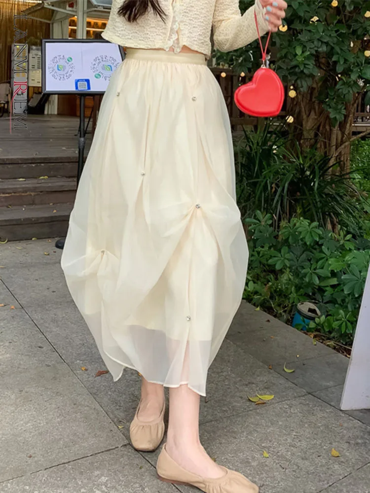 

LANMREM Bead Irregular Solid Color Mesh Skirt For Women Elastic High Waist A-line 2022 Summer Female Fashion Clothing 2I602