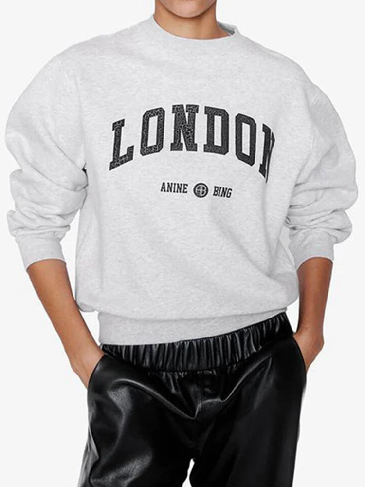 

Woman Sweatshirt Autumn and Winter New Letters Print Gray Plus Fleece Round Neck Cotton Sweatshirt