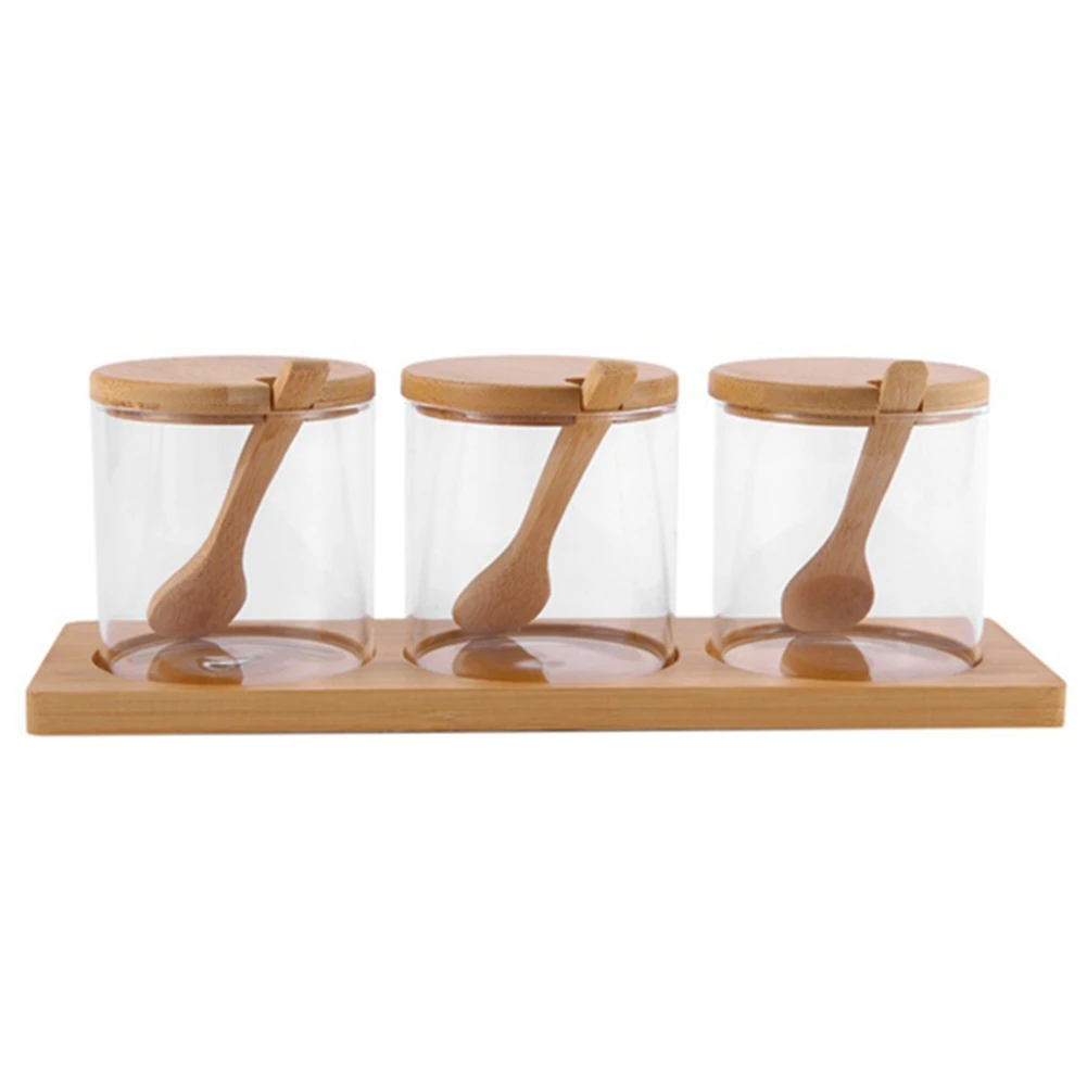 

Стеклянная мерная коробка для приправ, контейнеры, чаши для сахара, Набор банок для специй с деревянной крышкой и основанием