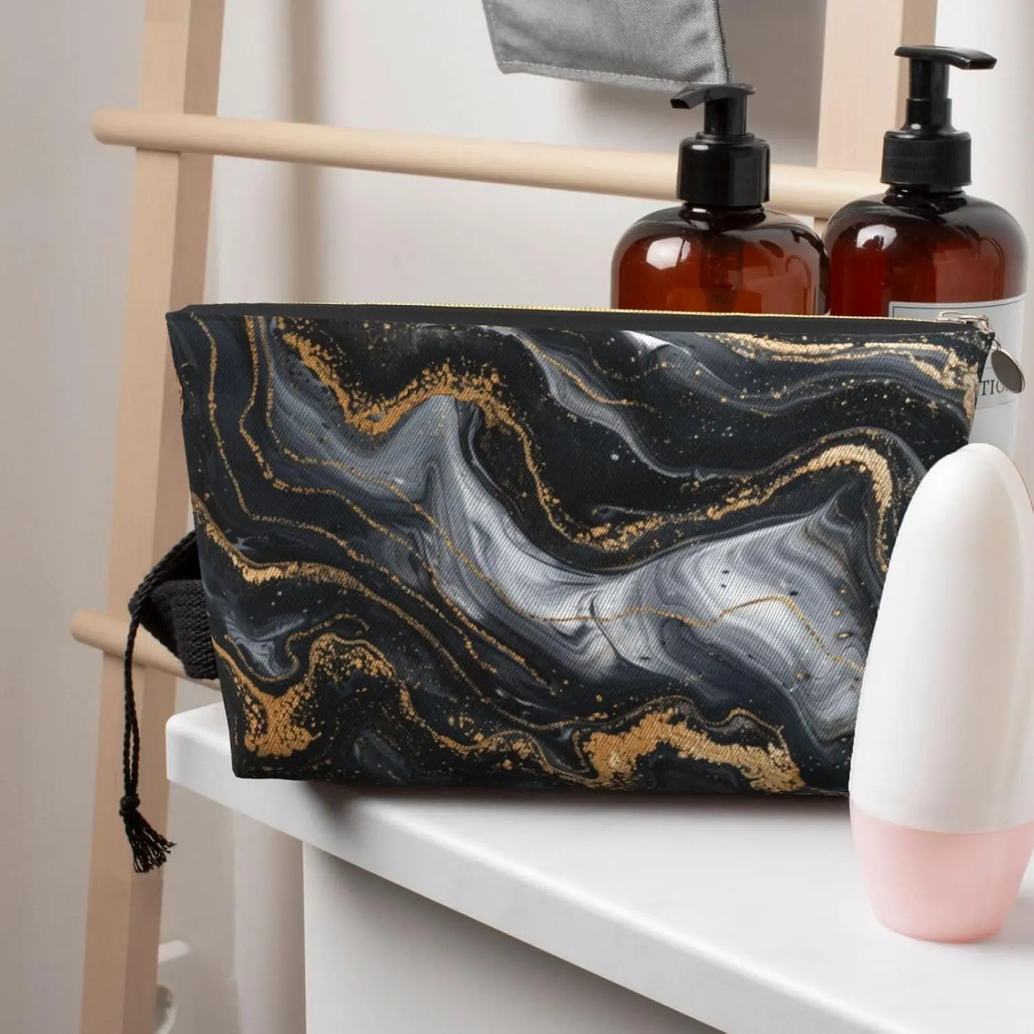 Косметичка из мрамора черного золота абстрактная косметичка дорожный