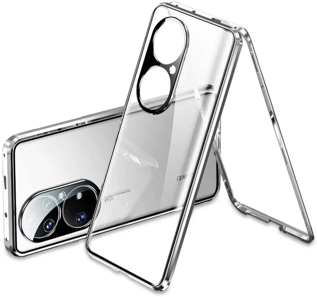 

Чехол для Huawei P50 Pro, магнитный тонкий корпус, металлическая рамка, двухстороннее прозрачное закаленное стекло, противоударный с защитным чех...