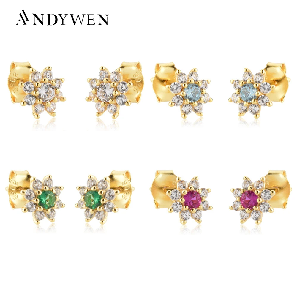

ANDYWEN 925 Sterling Silver 2021 Four Flower Tiny Stud Earring Piercing Crystal Women Pendiente Luxury Jewelry Clips Party