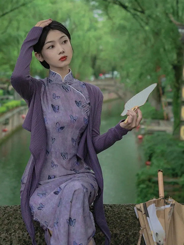 

2023 new chinese style spring and autumn new purple improved qipao dress set women stand up collar sexy floral cheongsam