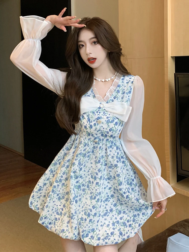 

Элегантные платья для женщин 2022 с V-образным вырезом и бантом с расклешенными рукавами, сетчатые мини-платья для вечеринок с цветочным принтом, милая уличная одежда, женское платье