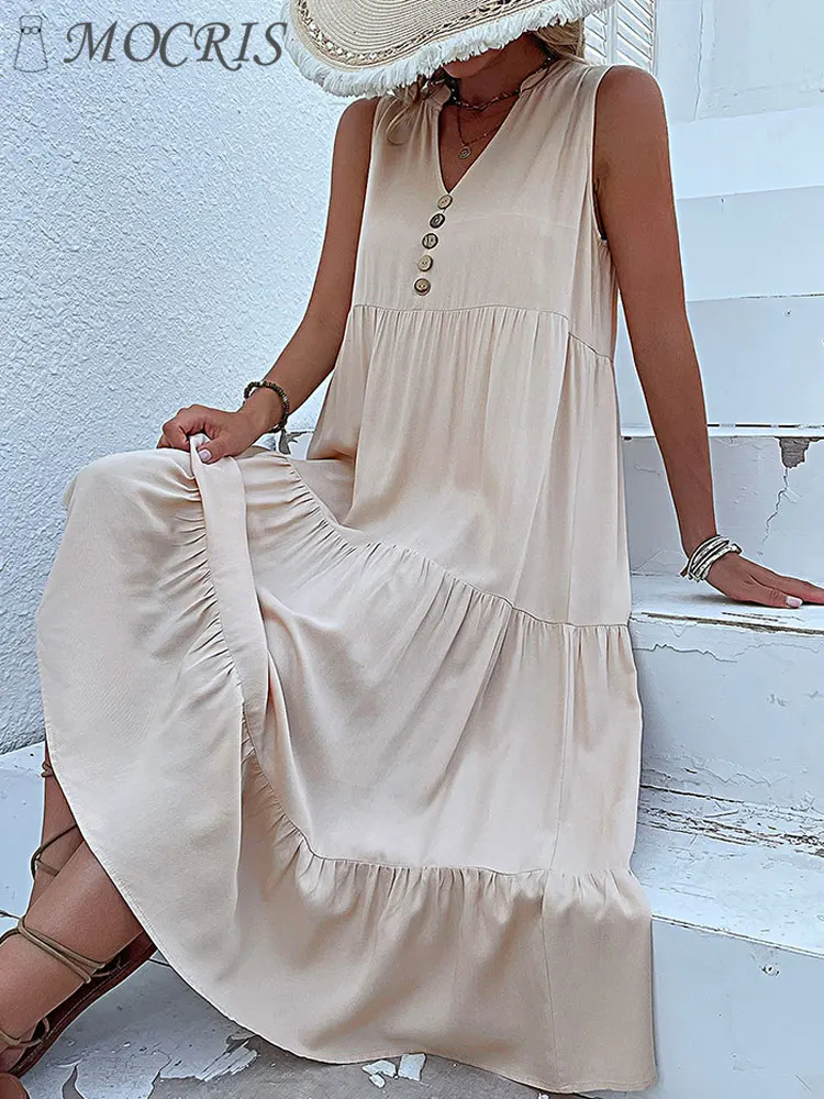 

Linen Plus Size Cheap Casual Black Ruffle Long Loose Women's Dress Knitted Beach Sleeveless Summer Dresses Free Shipping