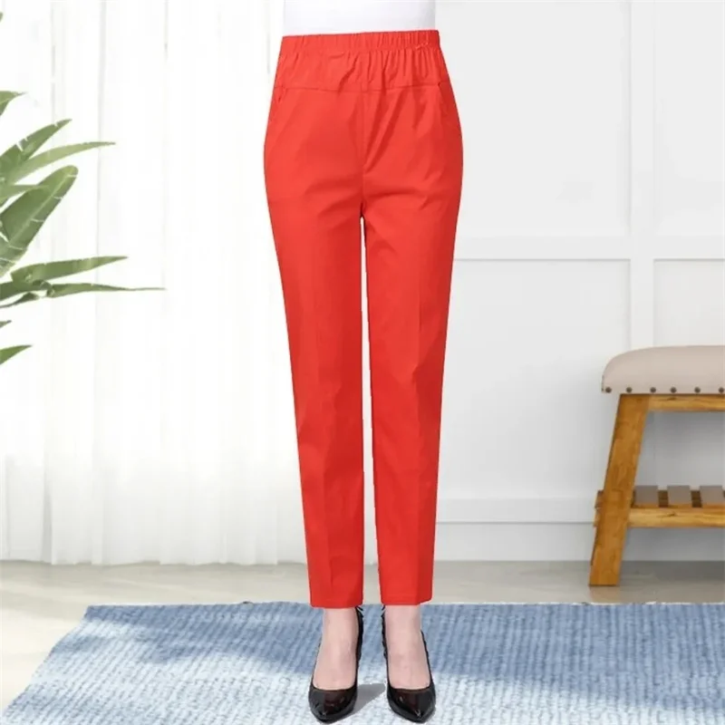 Однотонные эластичные женские брюки с высокой талией для мам осенние