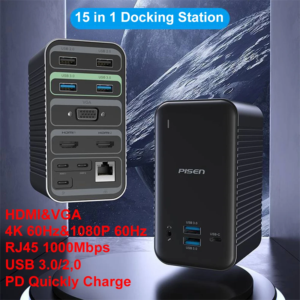 

Док-станция 15 в 1, VGA и HDMI, 4K HD, USB 100 Type-C